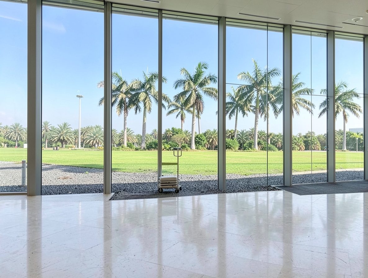 A bright airport arrivals hall with a luggage trolley standing by the glass