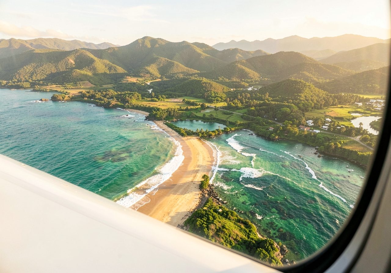 The view from a plane window coming in to land over a green subtropical coastline