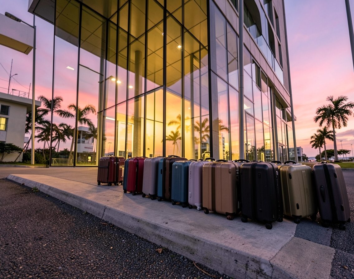 Suitcases lined up on an airport departures kerb at dusk