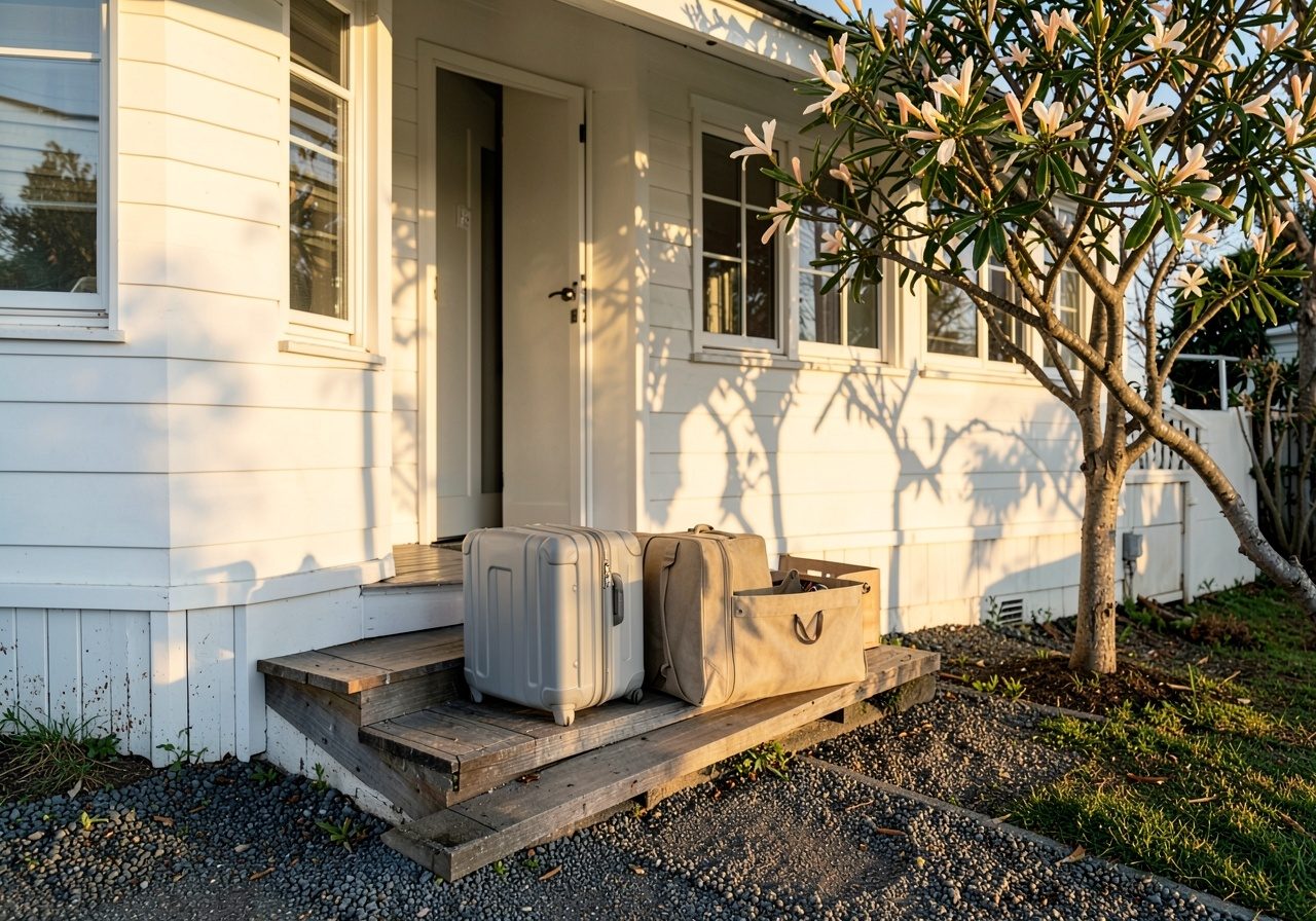 Two suitcases and a holdall waiting on the front steps of a house before an early airport run
