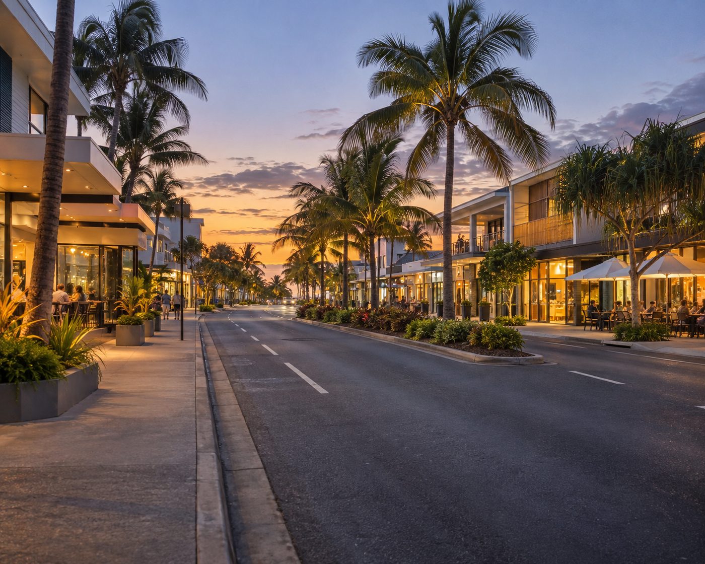 A wide Broadbeach street with shops and cafes at dusk