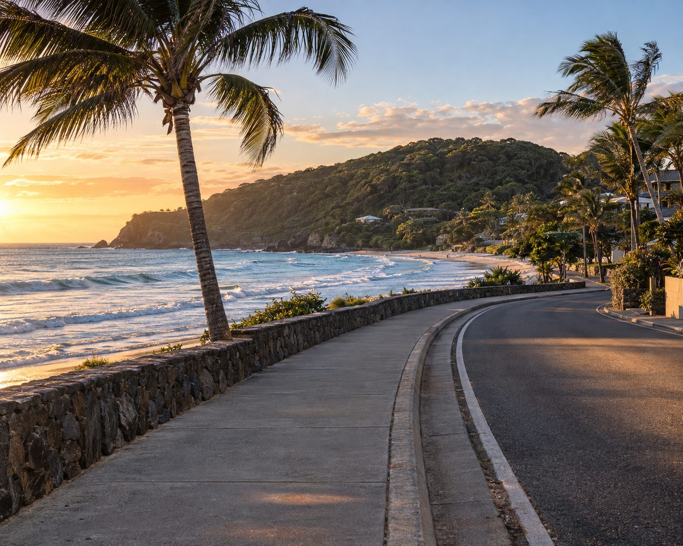 A coastal road beside the surf at Coolangatta in the early evening