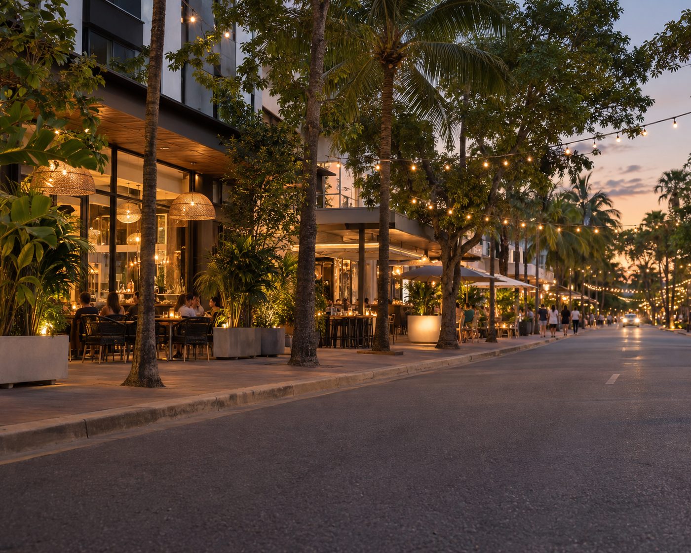 A restaurant and bar street in the early evening with outdoor tables