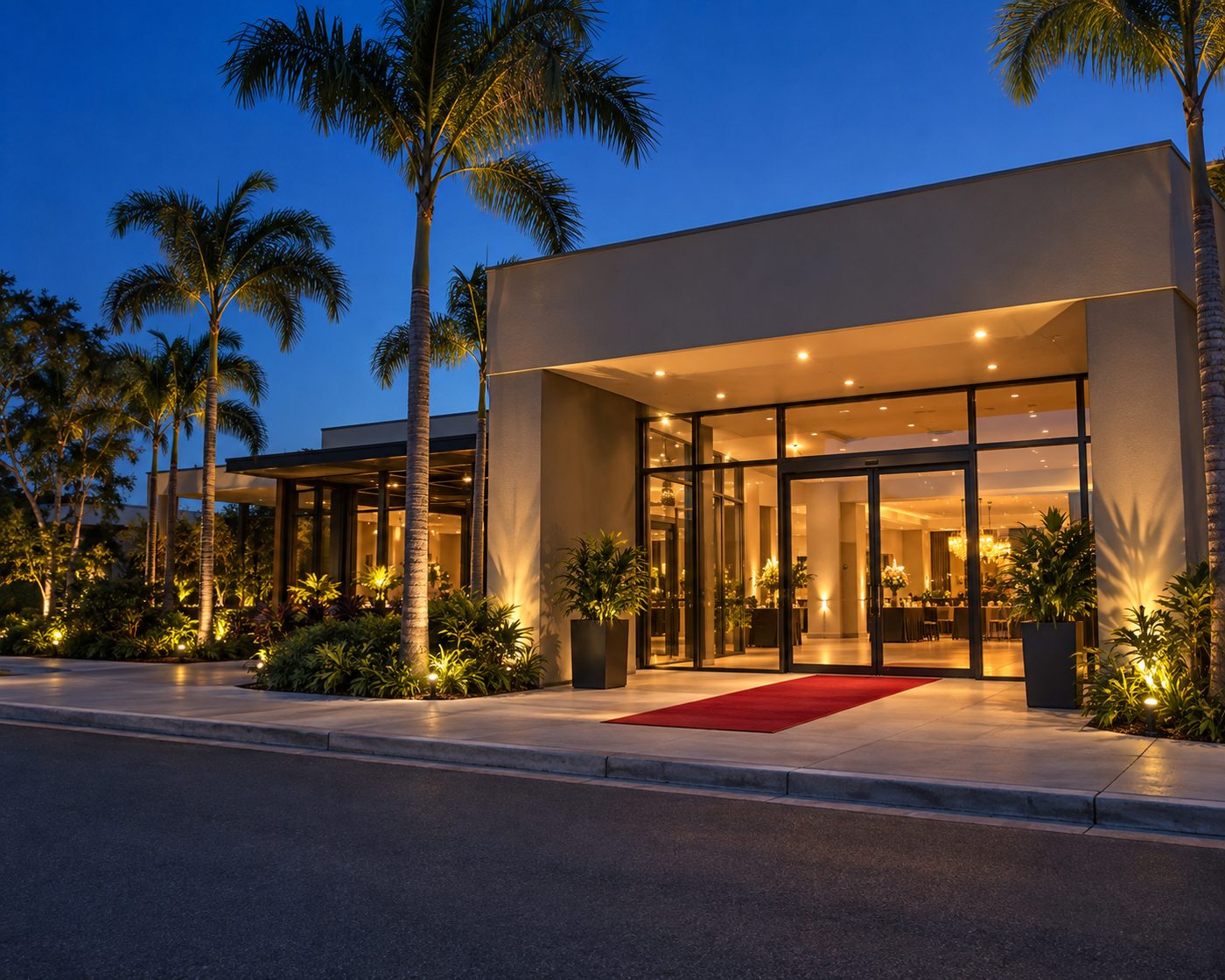 A function centre entrance at dusk with a red carpet runner across the footpath