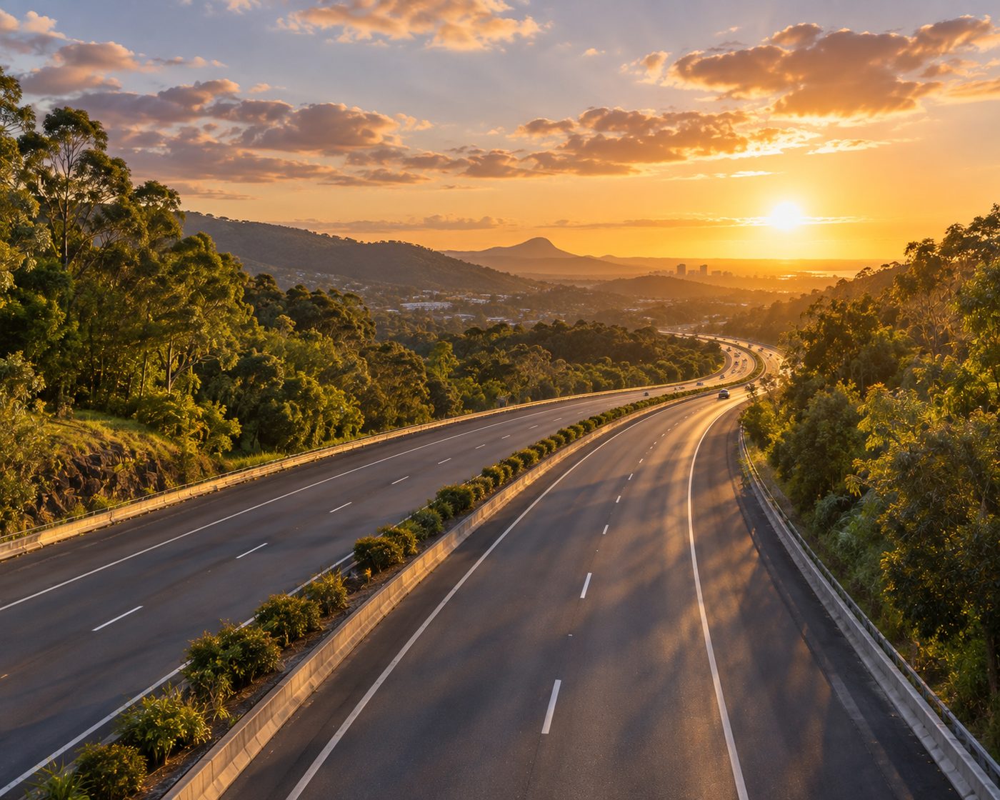 The M1 motorway curving through green hills at golden hour