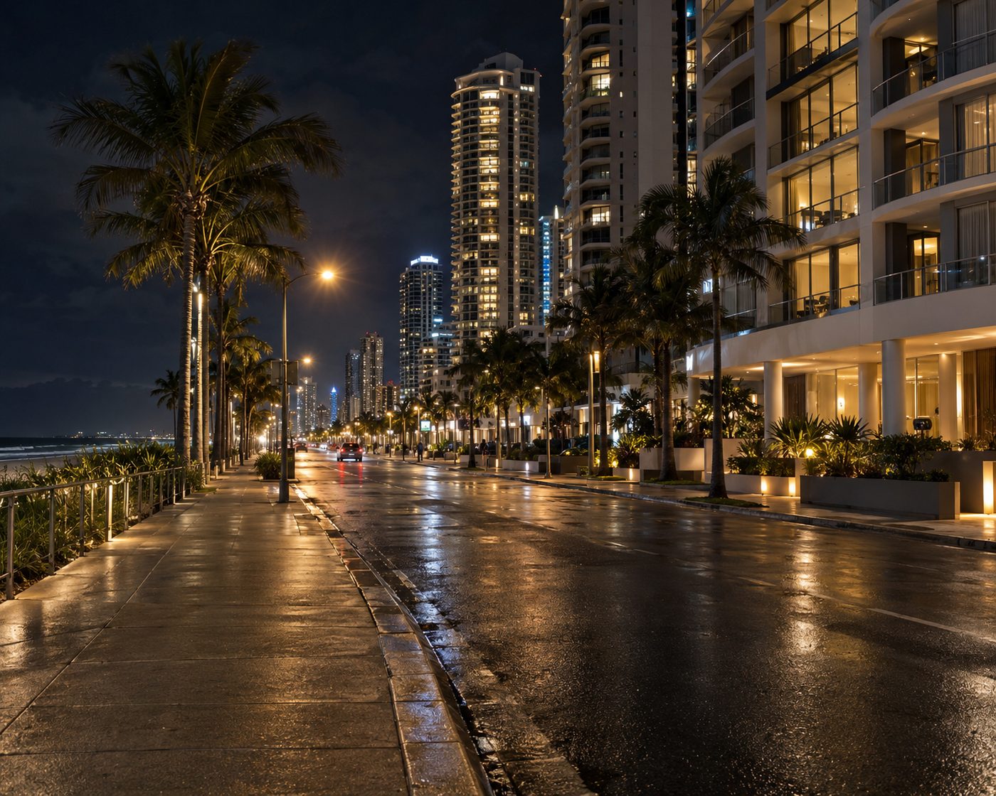 A lit beachfront street at night with apartment towers and wet asphalt