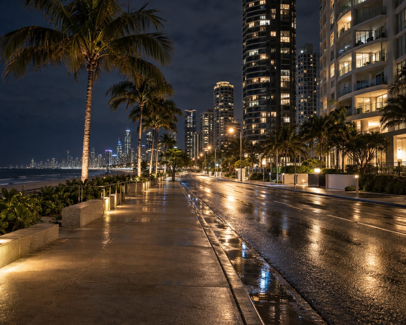 Beachfront apartment towers in Surfers Paradise at night